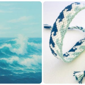 May include: An image split between a painting of the sea and a handmade friendship bracelet. The bracelet is blue, white, and light blue, with a chevron pattern. The bracelet is tied with a braided cord and tassel.