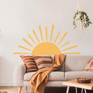 Boho Sonne Wandtattoo Kinderzimmer, Sonnenaufgang Wandsticker Sonne gelb, Wandaufkleber Große halbe Sonne beige, Wohnzimmer Sonnenuntergang