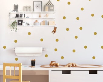 Gold Polka Dots Wall Stickers, 5 DIFFERENT SIZES 2''; 1''; 1,2''; 1,6'' and 4'', Metallic Dot Wall Decals, Gold-Decor for Kids Room & Home