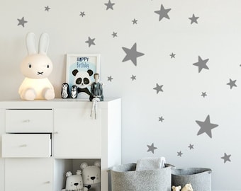 Star Wall Sticker XL-Mix Set, 76 Star Decals sized from 2,5 up to 10cm (4''), Grey & Gold Stars Stickers Kids-Room Decals