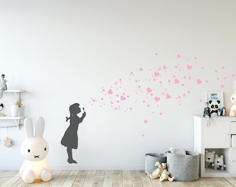 HEART BUBBLE GIRL Decal, love decal with cute heart wall stickers, Kids-Room-Decal and Nursery Decor, Banksy Style Wall Decal