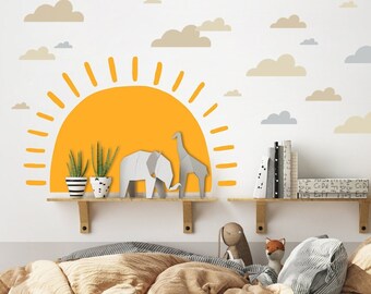 Sun and Clouds Wall Decal Set, Half Sun Wall Sticker, Large rising Sun Decal, Colourful Kids Room, Cloud Wall Stickers, Sunshine Playroom