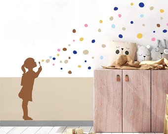 Wall Decal Girl with Soap Bubble Dots, Girls room & Nursery Decal with irregular Polka Dot Wall Stickers, DIY Motif for Kids- and Babyroom