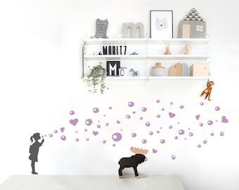 Wall Decal SOAP BUBBLE Girl with Heart Bubbles, DIY Wall Sticker Art, Wall Sticker Bubble, Heart Wall Art Kids-Room & nursery Wall Stickers