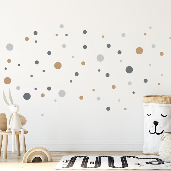 Wall Decal Polka Dots, BOHO-Style Wall Sticker Dots, Colorful Mixed Sets (with 3 - 10cm sized dots), Nursery & Kids-Room Wall Sticker