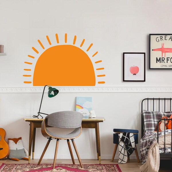 Sun Wall Decal, Rising Sun Boho Wall Sticker, Half Sun Wall Decal, Large Sun Decal, Sunshine Decal, Sunset Decal for Kids Bedroom Nursery