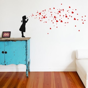 Wall Decal HEART BUBBLE GIRL with lovely heart wall stickers, Kids Room, Living and Nursery Decor, Banksy Style Wall Decal