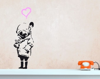 Wall Decal BANKSY DIVER GIRL with bird and heart, Tank Girl Graffiti Wall Sticker, Banksy Stencil Wall Art, Street Art Girl, Urban-Wall