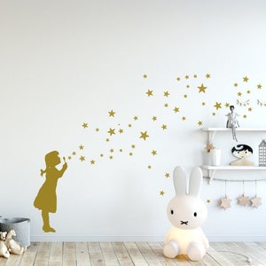 Wall Decal STARRY CHILD, Gold Star Soap Bubble Girl DIY Wall Sticker Art, Starry Sky Decal, Wall Sticker Stars, Kids Room Decor