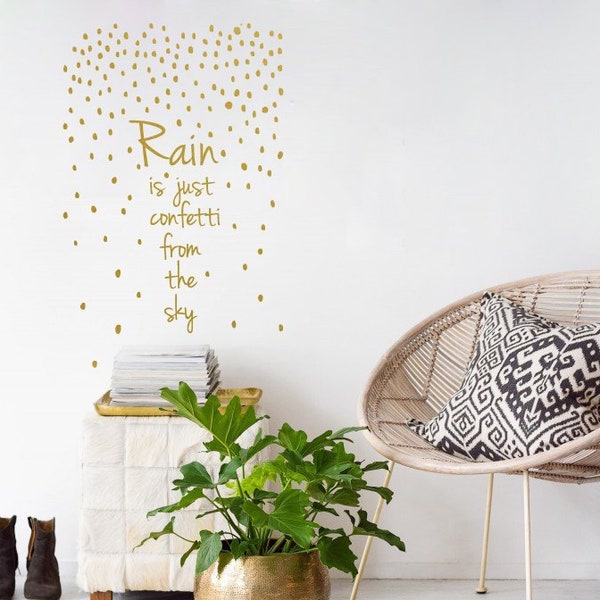 Wandtattoo Spruch RAIN is JUST CONFETTI, Motivation Wandtattoo Schriftzug, Regentropfen Wandsticker, Insprication & motivierender Spruch