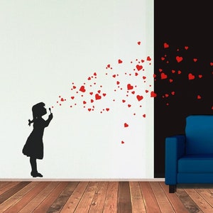 Wall Decal HEART BUBBLE GIRL in 5 sizes, Girl-Room Decal with Heart Wall Stickers, 40 Colors to choose, 1- or 2-colored, Kids-Room-Decor