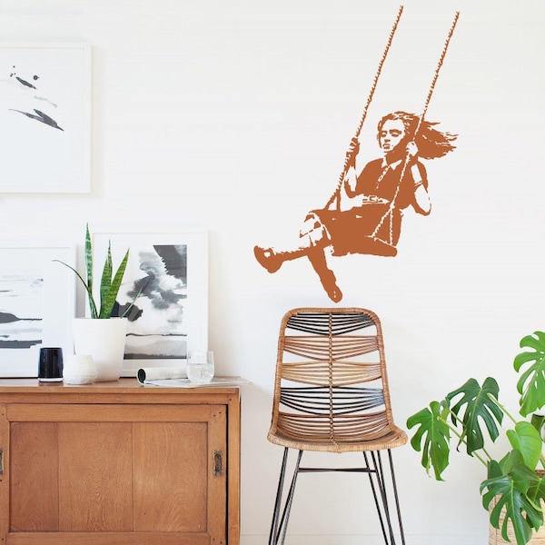 Autocollant mural GIRL ON SWING, autocollant mural Banksy, autocollant mural d'art mural pour chambre de filles, art de rue graffiti swing, décoration de chambre d'enfant urbaine