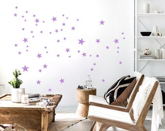Wall Sticker Stars Set of 90 mixed sized Star Decals, Lilac White Gold Silver Star Wall Stickers, Kids-Room Decals, Bed- & Playroom