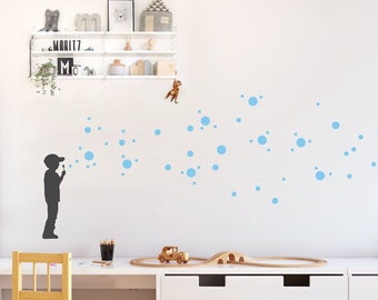 Kids-Room Decal BUBBLE BOY & GIRL with 130 Soap Bubble Dot Wall Stickers, Dot Bubble Girl, Kids-Room Decor and Nursery