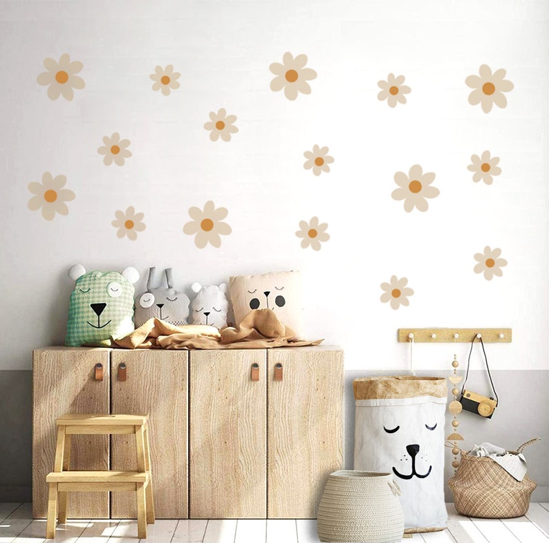 Daisy Wall Decal Sets a 10cm, 20cm and as Mix Sizes Set, Floral and Flower Wall Stickers for Kids-Room & Nursery-Decor, White Pink Beige image 2