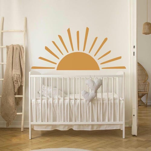 Sticker mural bohème soleil, lever de soleil chambre enfant, sticker mural soleil beige, sticker mural grand demi soleil jaune, coucher de soleil chambre bébé
