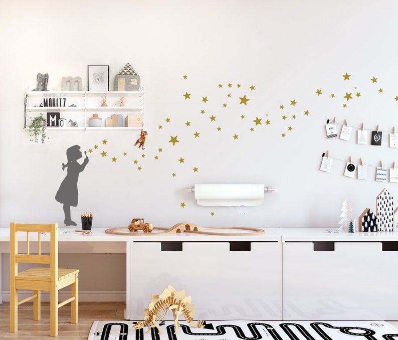 STAR BUBBLE GIRL Decal Wall Art D-I-Y, Star Soap Bubble Wall Sticker, Starry-Sky, Urban Interior Design, Nursery Decor & Kidsroom Wall Decor L 110 x 92 cm