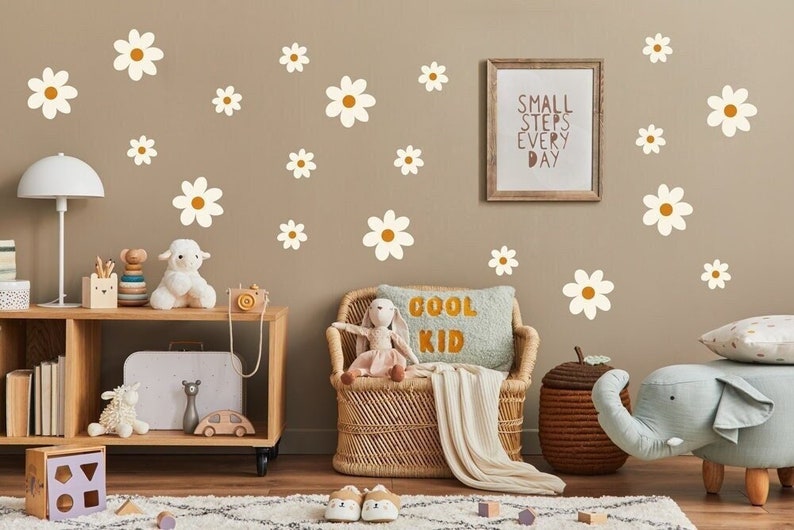 Daisy Wall Decal Sets a 10cm, 20cm and as Mix Sizes Set, Floral and Flower Wall Stickers for Kids-Room & Nursery-Decor, White Pink Beige image 1