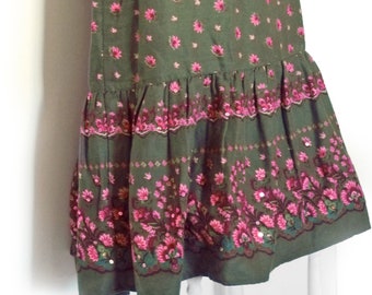 Vintage traditional skirt knee-length boho fashion olive-green-pink-pink cloth flower sequin embroidery modern traditional fashion, A-line skirt, office feminine