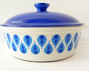 Vintage Midcentury Casserole Dish Peacock Eye Pattern blue white 70s Panton Era Flower Power Hippie Scandi Style German Ceramics Cordoflam