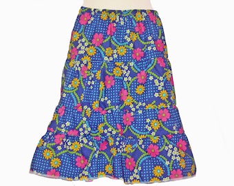 Happy summer skirt, Boho skirt Frida knee-length blue colorful, 70s floral hippie tiered skirt, tunic vintage fabric, flower power girl