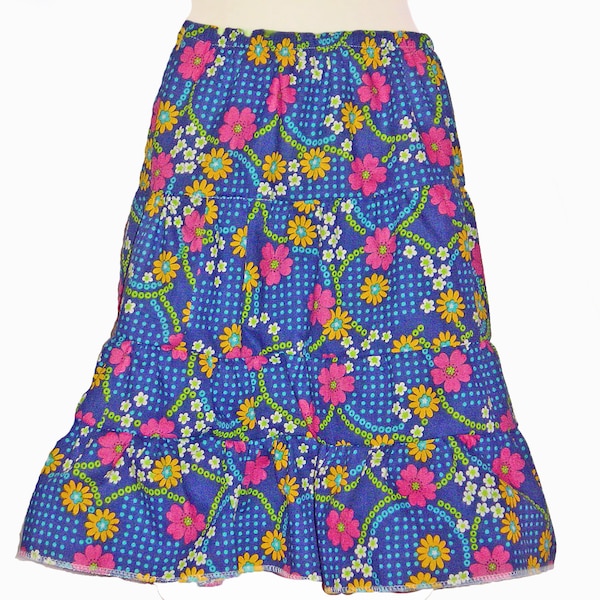 Falda feliz verano, falda Boho Frida hasta la rodilla azul colorido, falda escalonada hippie floral de los años 70, tela vintage túnica, chica flower power