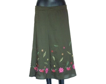 Vintage traditional skirt knee-length boho fashion office olive-green-pink-pink flower embroidery modern traditional fashion, skirt A-line soft-flowing feminine