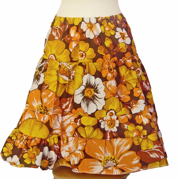 Falda Boho Summer, 70s Flowers Hippie Step Skirt, Túnica Vintage Fabric Large Flower, Flower Power Girl, Falda Knee-Length Brown White Orange