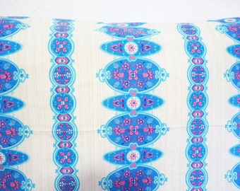 Vintage Stoff für Tischdecke Dekoplus 60er 70er, Boho Folklore Hippie Design Türkis Hellblau Pink, Ovales Muster, Rechteckig, Flower Power