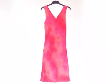 Neon 90er Jahre Pink Koralle Lachs Hummer Cocktail Kleid, Etuikleid, V-Ausschnitt breite Träger, knielang Millennium Mode, Voile Faux Batik