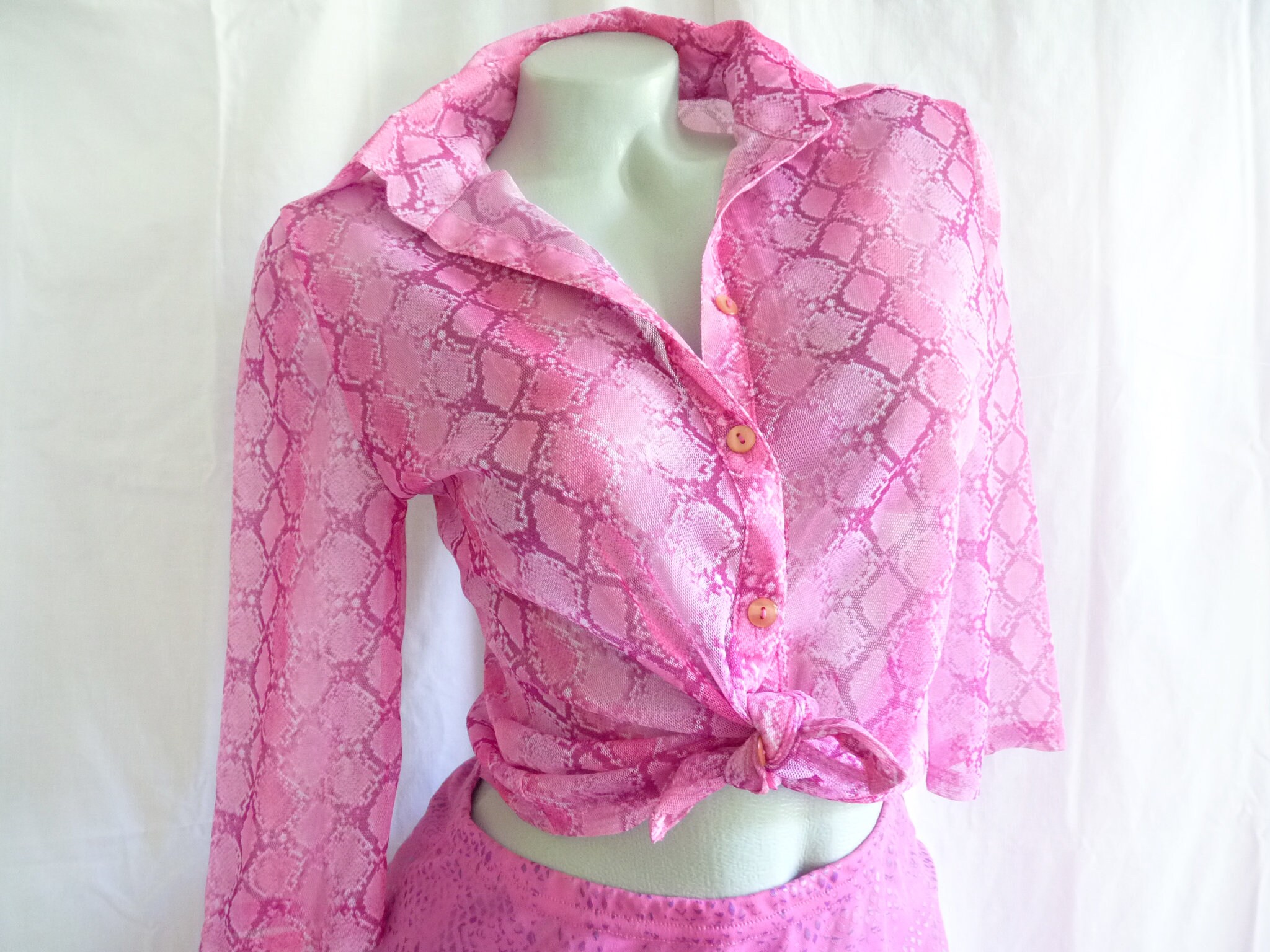 Vintage Mesh Tulle Snake Pattern Shirt, Pink Women's Top, 3