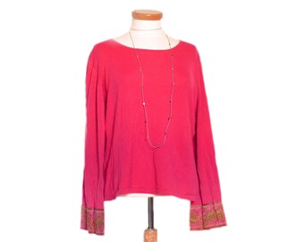 Vintage brocade sweater 90s millennium fashion, boho retro, boxy soft-flowing, round neck, raglan sleeves, fine knit, lobster pink