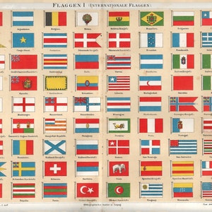 Litografía en color de banderas internacionales, cromolitografía Art Nouveau, panel de imagen bohemio, impresión en color vintage del mundo global, ilustración de viajes por el mundo