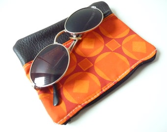 Scandi design cosmetic bag, glasses case purse, geometric fabric circles squares, boho make-up bag, leather 70s fabric pencil case