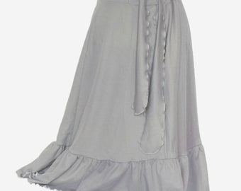 Vintage skirt knee-length 70s hippie boho gray, ruffles, bow, flounces, tiered skirt, A-line, soft flowing, office fashion, feminine