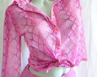 Vintage Meshtüll Schlangenmuster Hemd, Pink Damen Top, 3/4 Arm, 90er Millennium Mode, Transparent Lolita Stil, Heißer Sommer Durchsichtig
