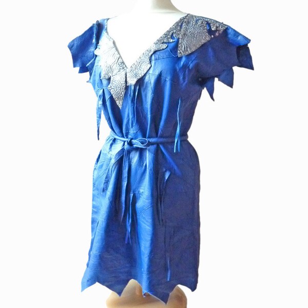 Vintage 80s New Wave designer mini dress leather lace dress blue silver, Ibiza boho fashion mid-century space age OOAK hipster outer space