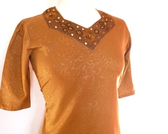 Vintage 60s silk dress, slip dress caramel brown silk Bollywood embroidery, elegant boho sheath dress, elegant cheongsam dress
