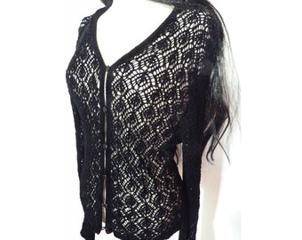 Vintage cardigan, velvet black, hole pattern cardigan, crochet jacket, crochet knit boho millennium fashion, V-neck, feminine figure-hugging