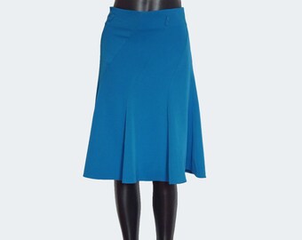 Vintage knee-length swinging skirt, petrol blue turquoise, boho fashion, swinging A-line silhouette, soft flowing feminine, office fashion Christmas