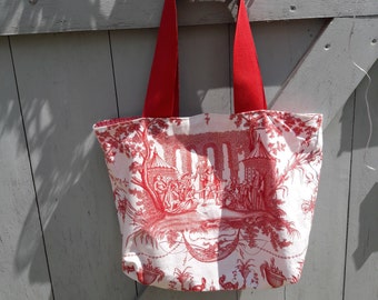 Sac toile de Jouy Pierre Frey framboise et blanc