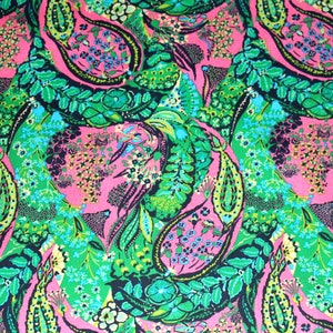 Könnte beinhalten: Ein rosa Stoff mit einem Paisley-Muster in Grün-, Blau- und Schwarztönen. Der Stoff ist mit einem sich wiederholenden Muster aus Paisley-Formen, Blättern und Blumen bedeckt.