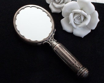 petit miroir à main vintage avec porte-rouge à lèvres et poudre compacte, argent, années 30, 40, miroir de poche, truc indésirable