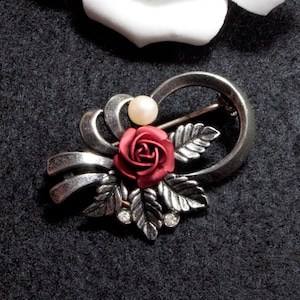 Rote Rosen Vintage Brosche 50er 60er Jahre Brautschmuck Blumen Brosche, Trödel Dings da Bild 1