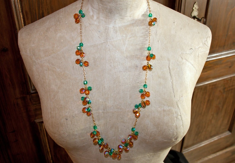 Vintage glass bead necklace long orange and turquoise blue iridescent chain necklace 50s 60s, junk thing image 8