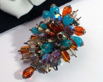 Vintage glass bead brooch colorful approx. 4 X 6.5 cm 60s 70s old fashion jewellery, junk things there