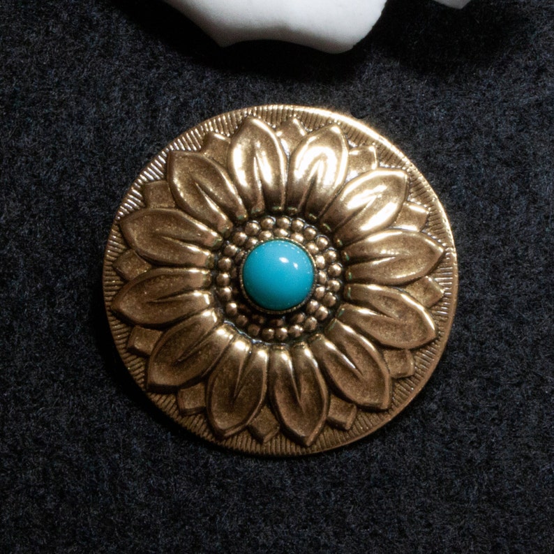 Vintage Brosche aus den 60er 70er Jahren goldfarben türkisfarben Glas Cabochon Brosche alter Schmuck, Trödel Dings da Bild 1