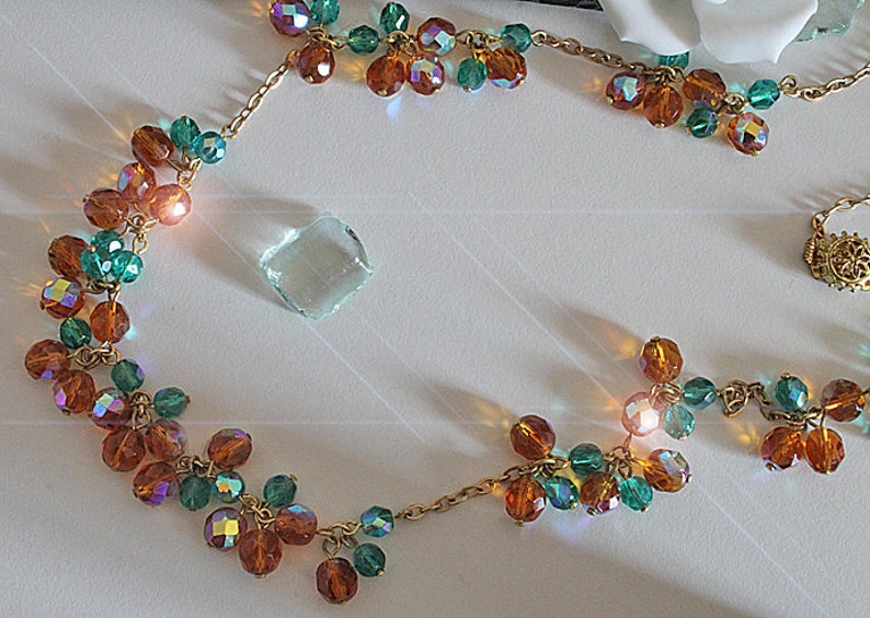 Vintage glass bead necklace long orange and turquoise blue iridescent chain necklace 50s 60s, junk thing image 2