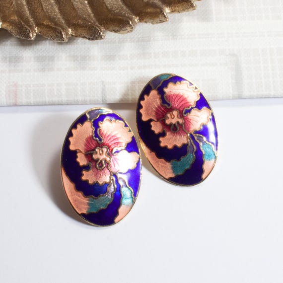Retro cloisonné vintage enamel earrings, stud earrings, 70s/80s, orchid, pink, green, blue, enamel jewelry, flea market find, ART. 758