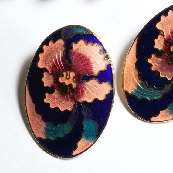 Retro cloisonné vintage enamel earrings, stud earrings, 70s/80s, orchid, pink, green, blue, enamel jewelry, flea market find, ART. 758 View 3